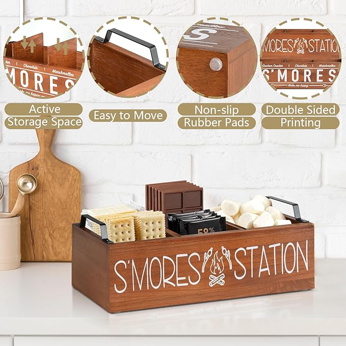 S'Mores Station, Farmhouse Smores Caddy with Handles, Smores Kit for Fire Pit Smores Maker Box, Smores Bar Station with 5Pcs Extendable Marshmallow Roasting Sticks, Camping Essentials Gear Accessories