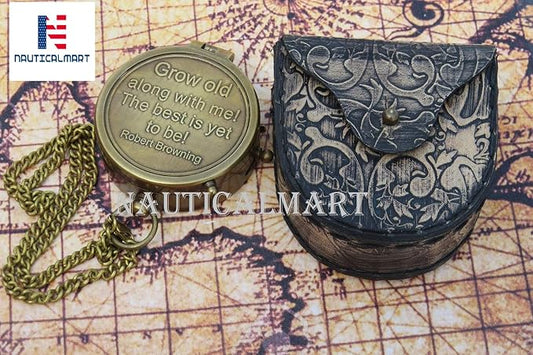 Grow Old Along with Me Compass Engraved Personalized Inscription Antique Brass Compass Engraved with Leather Case Romantic Gift Ideas for Him/Her - Husband Gifts from Wife, for Men