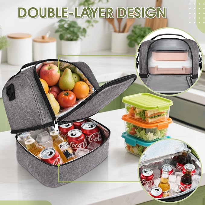 Lunch Box Lunch Bag for Women Men Reusable Insulated Lunch Bag Women Lunch Cooler Tote Bags with Adjustable Shoulder Strap for Office Work Picnic Travel, Light Gray