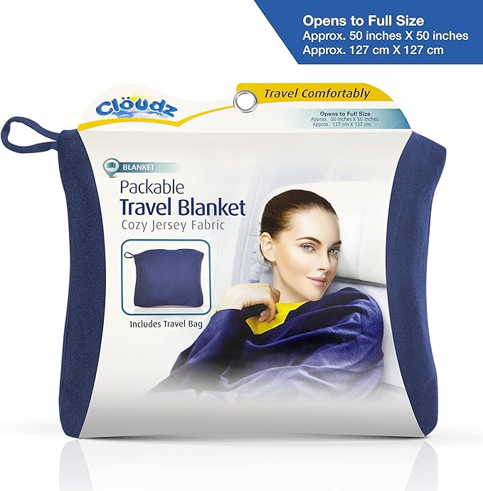Cloudz Jersey Travel Blanket (50"x50") in A Bag - Blue