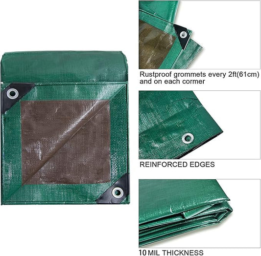 Heavy Duty 10 Mil Tarp Cover Waterproof UV Resistant Tarpaulin Used for Outdoor, Hunting, Camping, Backpacking, Canopy Tent, Ground Tarp, Cover Boat, Motorcycles, Roofs, Wood