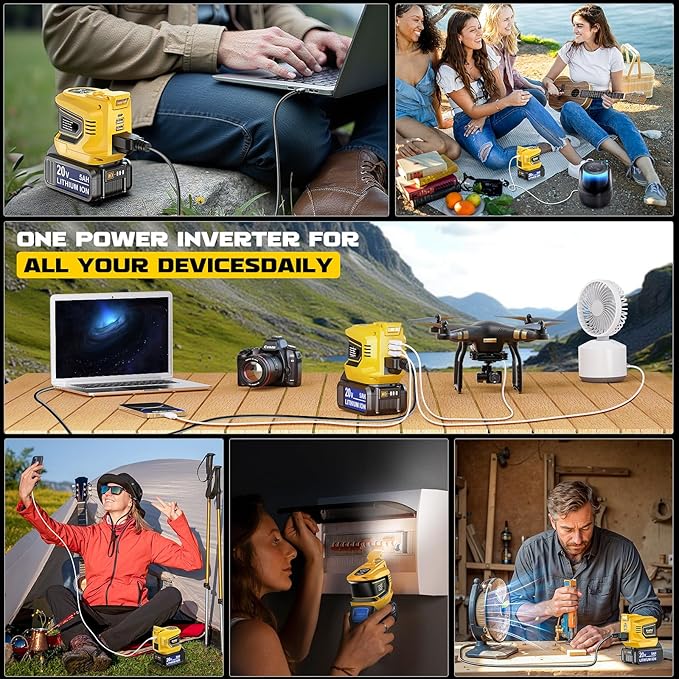 Power Inverter,200W Portable Power Station Generator for DeWALT 20V,Battery Inverter 20v to AC 110v,Supply Charger Adapter with Dual USB,AC Outlet and Type-C with 5Ah Battery & Charger Station Kit