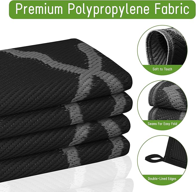 Easy-Going Reversible Outdoor Rugs 5x8ft Waterproof Plastic Straw Rug Stain & UV Resistant Floor Mat for Patio Porch RV Backyard Pool Deck Picnic Beach Trailer Camping (Moroccan Black & Grey)