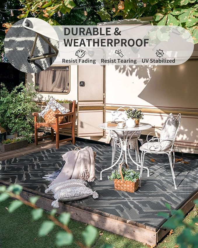 MontVoo Outdoor Rug Waterproof-Patio Rug Mat 5x7 Outdoor Carpet Reversible RV Camping Picnic Plastic Straw Rug Outside Outdoor Area Rug for Balcony Deck Backyard Patio Decor Modern Abstract