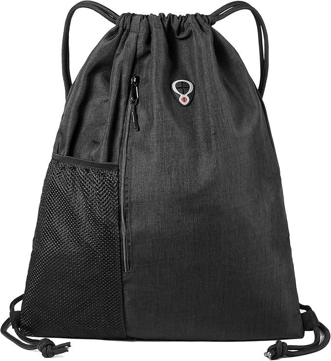Drawstring Backpack Sports Gym Bag for Women Men Large Size With Two Zipper Pockets and Water Bottle Mesh Pockets