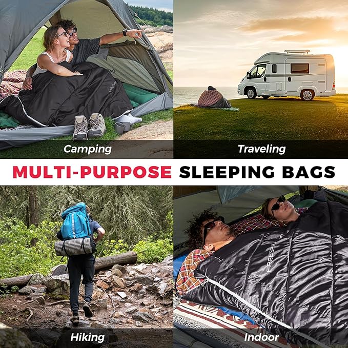 KingCamp Double Sleeping Bag for Adults, Queen Size 2 Person XXL Flannel Sleeping Bag, Waterproof Lightweight Flannel Quilt with 2 Pillows, Perfect for Couples Family Camping Hiking