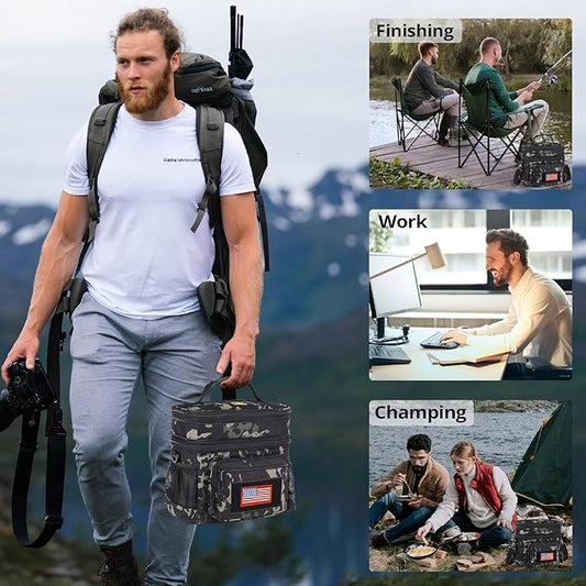 ATRIPACK Lunch Bag for Men, Double Deck Tactical Lunch Box Work with Shoulder Strap MOLLE Webbing Large Lunch Cooler Leakproof Insulated （Camo-Black）