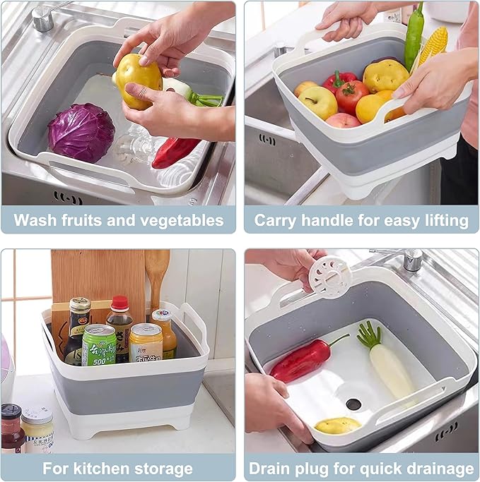 2.4 Gal(9L) Collapsible Dish Basin with Drain Plug, Space Saving Outdoor Multiuse Foldable Sink Tub, Dishpan, Kitchen Storage Tray for Camping, Vegetable Washing, RV (Gray)