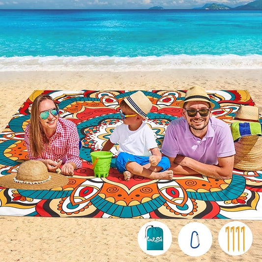 WERNNSAI Beach Blanket - Beach Mat Mandala Beach Blanket 83’’ x 79’’/ 6.5Ft x 7 Ft Waterproof Sandproof Oversized Lightweight Picnic Mat for Adults Outdoor Beach Party Travel Camping Music Festival