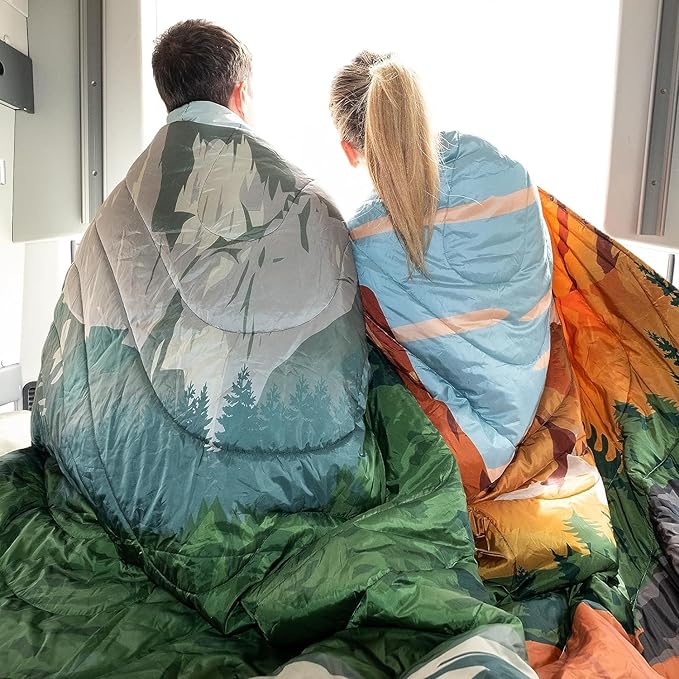 KingCamp Lightweight Camping Blanket - Puffy Printed Warm Camping Quilt with Snap Button - Portable for Travel, Hiking, Stadium, Airplane - 79" x 57" - Green