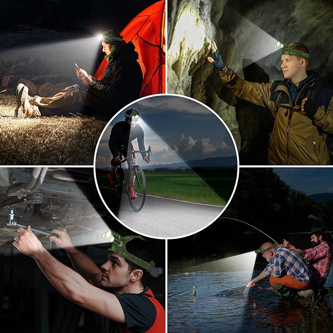 LED Headlamp, 8000L Super Bright Rechargeable Headlight Flashlight - 3 Lights 5 Modes,Zoomable,Spotlight&Floodlight Combination, IPX6 Waterproof, 20+Hrs Runtime for Running,Hiking etc-Green