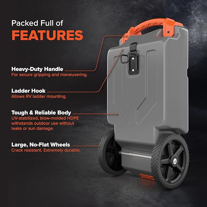 Camco Rhino 21-Gallon RV Portable Waste Tank - Features Large Heavy-Duty No-Flat Wheels & Low Drain Hole - Includes Removable Steel Tow Adapter, 3’ Sewer Hose & More RV Accessories (39002)