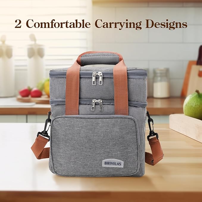 Double Insulated Lunch Bag for Women/Men, Thermal Lunchbox Leakproof Waterproof Cooler Bag with Adjustable Shoulder Strap for Adults, Lunch Bag for Work Office Camping Travel (12L, Gray)