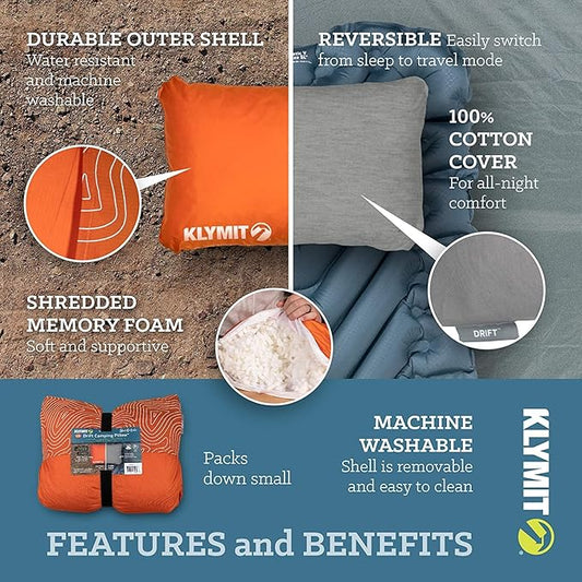 Klymit Drift Camping Pillow, Shredded Memory Foam Travel Pillow with Reversible Cover for Outdoor Use, Orange, Large