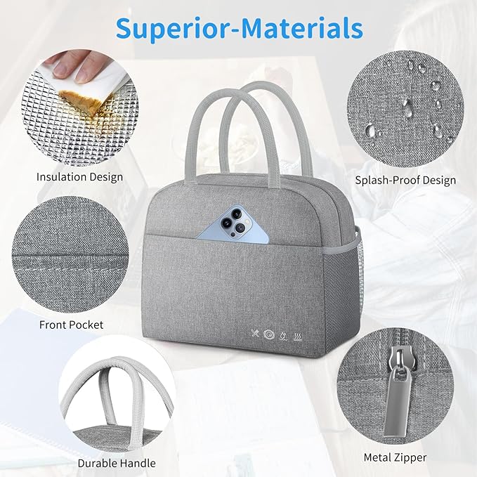 Lunch Bag Lunch Box for Women Men Reusable Insulated Cooler Lunch Tote Bags, Leakproof Cute LunchBag Large Capacity for Work Travel Picnic,Grey