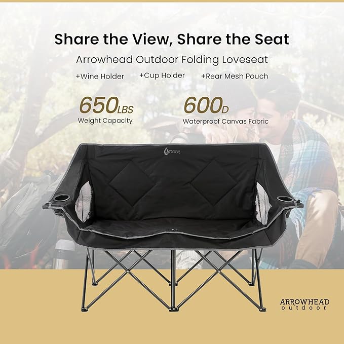 ARROWHEAD OUTDOOR 2-Pack Portable Folding Camp Loveseat Chair w/Glass & Cup Holders, Heavy Duty Carry Bag, 650 lbs Weight Capacity