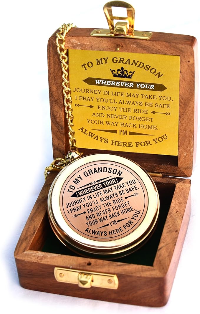 Gift for Grandson Brass Compass Engraved Quote | Memory Present to My Grandson Birthday, Baptism, Graduation, Confirmation, Love, Gift idea by Grandpa Grandma, 2025 Gift