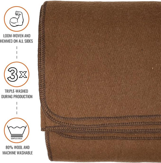 Arcturus Military Wool Blanket - Warm, Thick, Washable - Great for Outdoors, Camping, Stadium Blanket, Picnics, Travel - Car & Bushcraft Survival Kits, Large 64in x 88in 4.5 lb