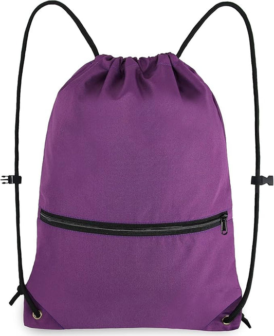 Drawstring Backpack Sports Gym Bag for Women Men Large Size With Two Zipper Pockets and Water Bottle Mesh Pockets