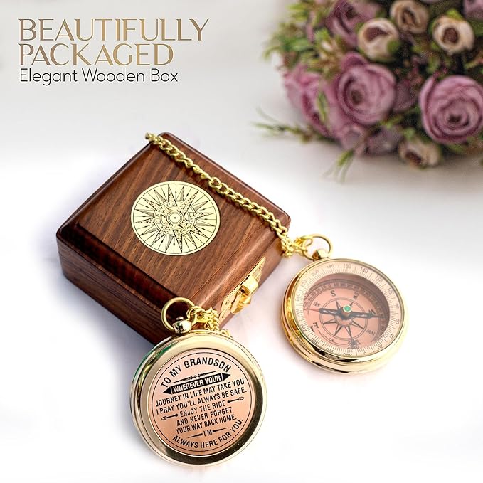 Gift for Grandson Brass Compass Engraved Quote | Memory Present to My Grandson Birthday, Baptism, Graduation, Confirmation, Love, Gift idea by Grandpa Grandma, 2025 Gift