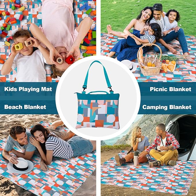 Picnic Blankets Extra Large, Waterproof Sandproof Packable Outdoor Beach Blanket Oversized 73x59”, 3-Layer Picnic Mat for Camping Hiking Travel Park with Easy-Carrying Tote Bag (Orange Geometry)