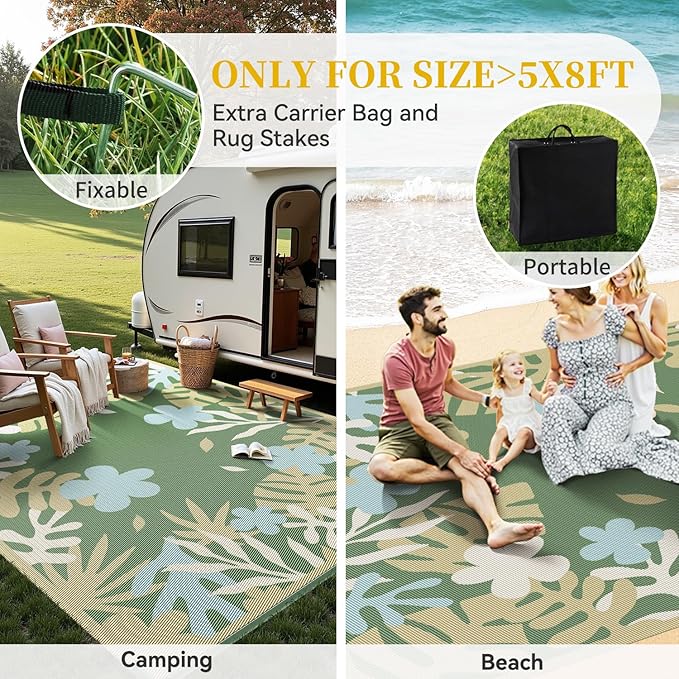 MontVoo Outdoor Rug Waterproof 6x9 ft RV Outdoor Rug for Camping Picnic Mat Outdoor Patio Rug Carpet Plastic Straw Reversible Floral Green Yellow