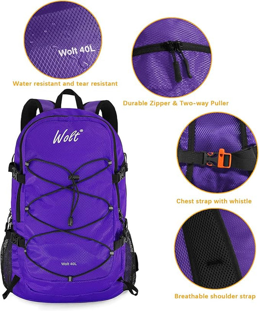 WOLT 40L Packable Travel Backpack, Foldable Lightweight Backpack for Men Women,Waterproof Hiking Bag for Outdoor Camping (Purple)