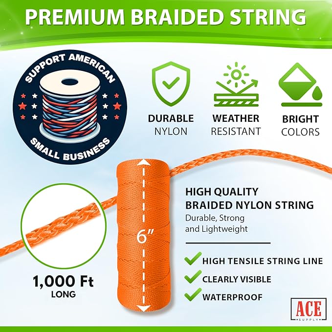 Orange Mason Line String Line - #18 Braided Nylon String - 1,000 Ft Length - Nylon Twine for Gardening Or Masonry Tools - Perfect Construction String for A String Level, Twine String for Gardening