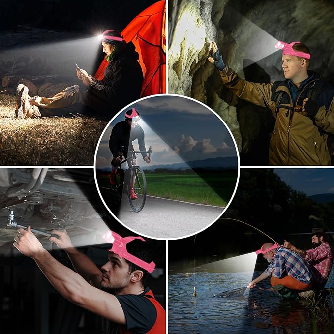 LED Headlamp, 8000L Super Bright Rechargeable Headlight Flashlight - 3 Lights 5 Modes,Zoomable,Spotlight&Floodlight Combination, IPX6 Waterproof, 20+Hrs Runtime for Running,Hiking etc-Pink