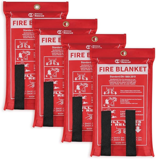 RHINO RESCUE Fire Blanket, 40''×40'' Fiberglass Emergency Fireproof Gear, Flame Retardant Protection for Home, Kitchen, Camping, Hiking, 4 Count