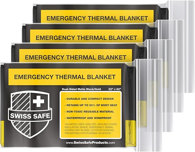 Swiss Safe Emergency Mylar Thermal Blankets + Bonus Space Blanket - Compact & Insulated for Cold Weather - Designed for NASA, Outdoor Camping, Survival, First Aid Car Kit - Black & Gold, 4 Pack