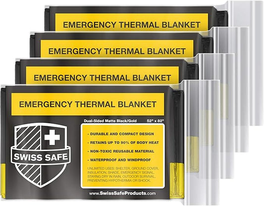 Swiss Safe Emergency Mylar Thermal Blankets + Bonus Space Blanket - Compact & Insulated for Cold Weather - Designed for NASA, Outdoor Camping, Survival, First Aid Car Kit - Black & Gold, 4 Pack