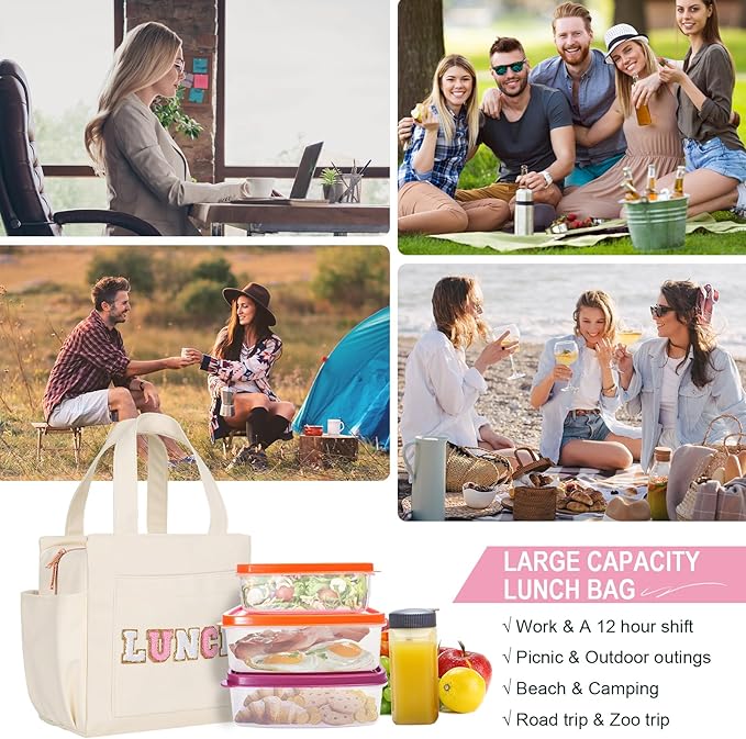 Joymee Leather Lunch Box Lunch Bag for Women Adult Insulated Reusable Leakproof Large Spacious Lunch Cooler Lunch Tote Bag with Bottle Holder and Side Pockets for Work Picnic Beach (Letter LUNCH)
