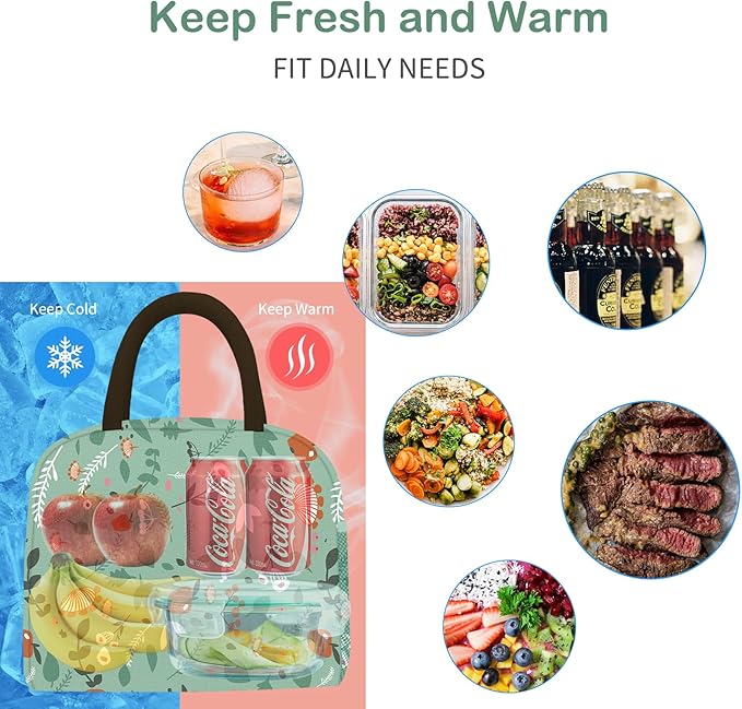 Lunch Bag Lunch Box for Women Men Reusable Insulated Lunch Tote Bag, Handbags Case High Capacity for Travel Work Picnic, Green Leaves