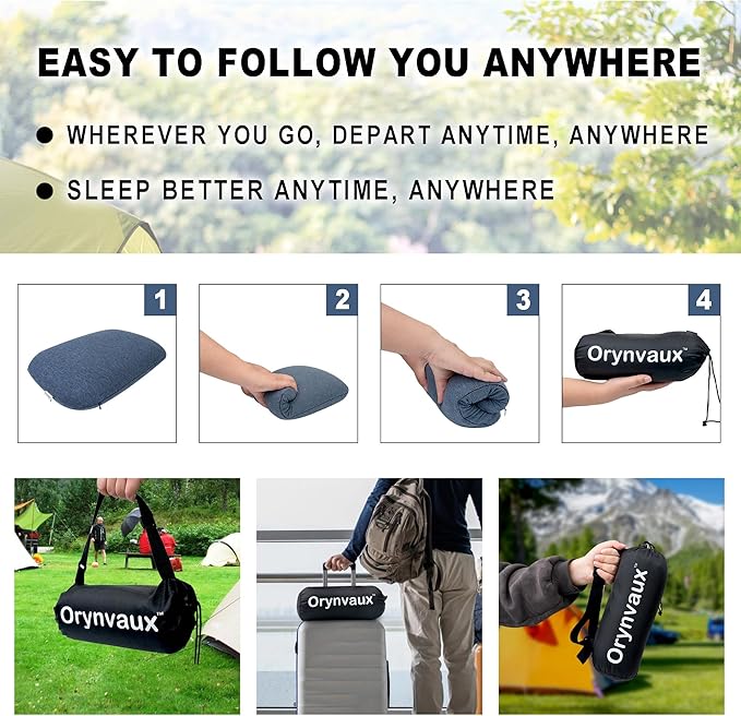 Memory Foam Camping Pillow, Portable Travel Pillow with Breathable Detachable Pillowcase, Compact & Lightweight for Camping, Hiking, Backpacking, Airplane Travel, Includes Storage Bag