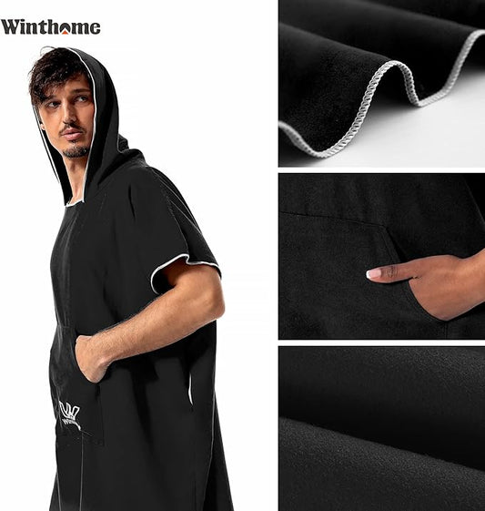 Winthome Surf Poncho Changing Robe Towel for Adults Men Women, Thin Microfiber Hooded Wetsuit Changing Towels with Pocket for Surfing Swimming Bathing Beach, Absorbent, Quick Dry