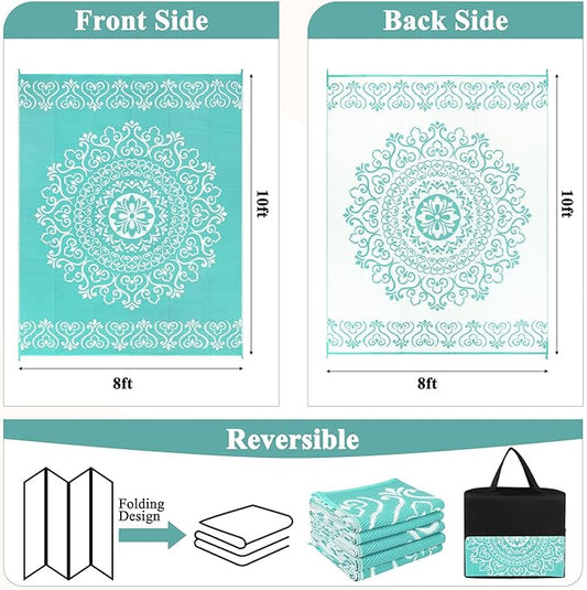 Pauwer Waterproof Outdoor Rug 8x10, Reversible Plastic Straw Patio Camping Rug, Indoor Outdoor RV Mat Carpet for Deck, Camper, Porch, Balcony, Backyard, Picnic, Floral Light Blue