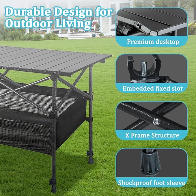 Foldable Camping Table, Portable Aluminum Folding Camp Table That Fold Up Lightweight, Grill Beach Table for Outdoor, Backyard, BBQ, Party, Patio, Picnic