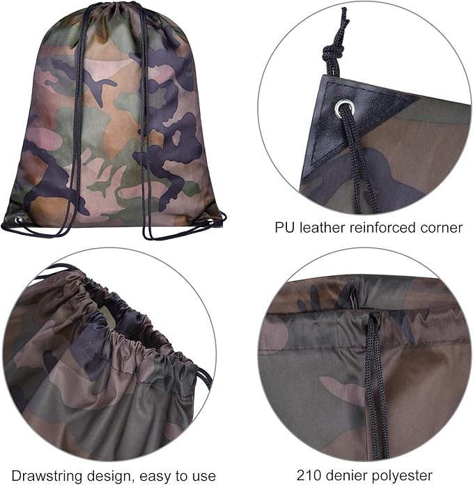 KUUQA 12 Pack Camouflage Drawstring Backpack Bulk String Backpack Cinch Kids Sport Bags Storage Bags for Gym Traveling (Camouflage)