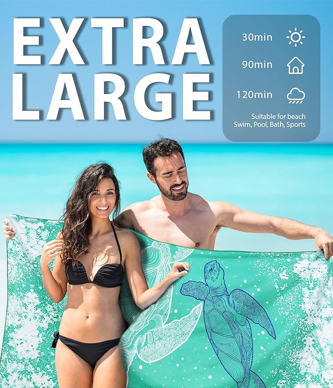 Microfiber Beach Towel – Turtle River Quick Dry Lightweight Sand Free Oversized Towel Accessories Travel Must Have Swim Pool Yoga Camping Gear Summer Cruise Ship Essentials Cloud Compact Gift 71" 32"
