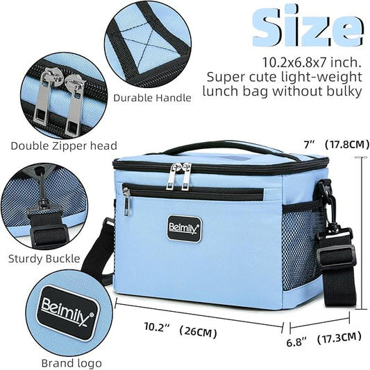 BEIMILY Lunch Box for Men/Women,Small Insulated Lunch Bag,Reusable LunchBox for work Picnic Hiking Beach,Leakproof Soft Cooler Tote Bag Organizer with Adjustable Shoulder Strap for Adults (Sky Blue)
