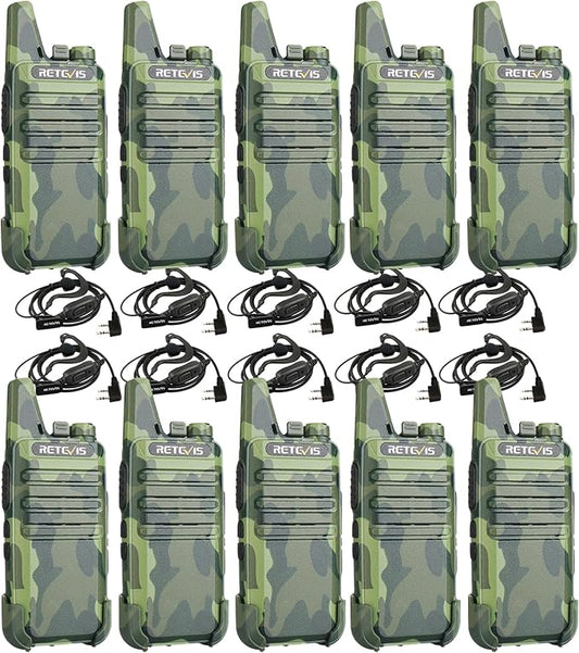 Retevis RT22 Walkie Talkies with Earpiece, Portable FRS Two-Way Radios, Camouflage, Compact, Lightweight, VOX Hands Free, Handheld 2 Way Radio with Headsets(10 Pack)