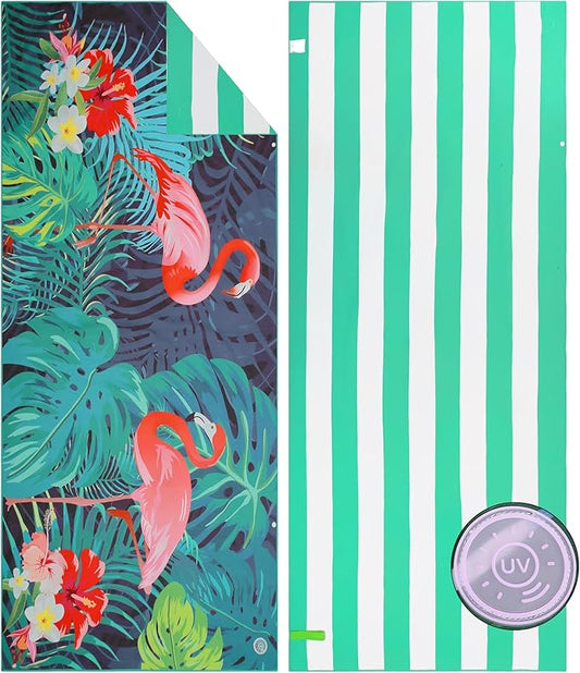 Microfiber Beach Towels for Adults - Large Travel Towel Fast Drying Lightweight 62x32 Inch, Sand Free Towel with Pouch, Buttons, Elastic Band for Fitness, Yoga, Sauna, Camping, Swim (Flamingo)