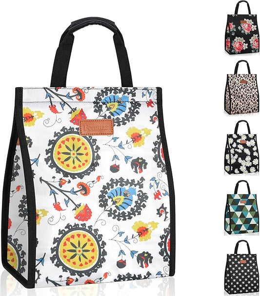 Lunch Bags for Women Insulated Reusable Lunch Tote with Internal Pocket, Lunch Tote bag for Work (Colorful Flowers)