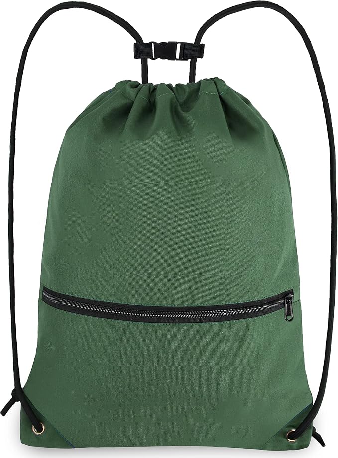 Drawstring Backpack Sports Gym Bag for Women Men Large Size With Two Zipper Pockets and Water Bottle Mesh Pockets