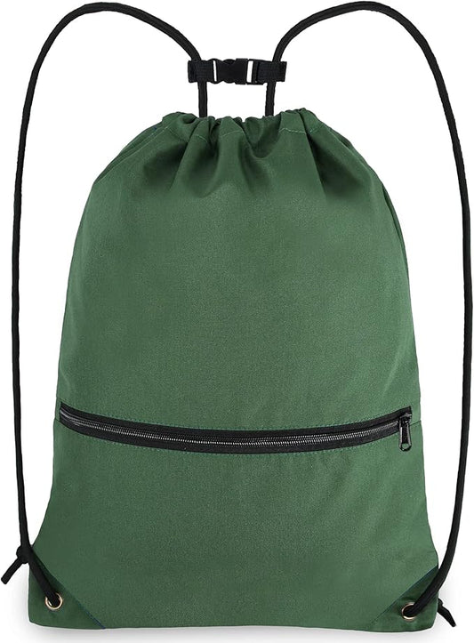 Drawstring Backpack Sports Gym Bag for Women Men Large Size With Two Zipper Pockets and Water Bottle Mesh Pockets