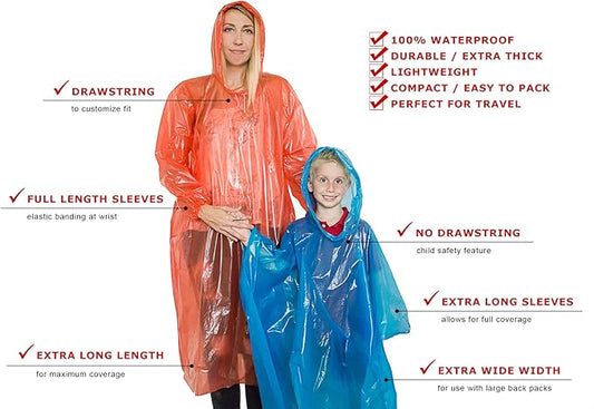 Lingito Rain Ponchos Family Pack - Emergency Drawstring Hood Poncho for Children & Adults Lightweight Reusable or Disposable