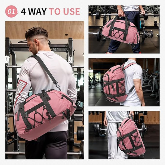 Unisex Travel Duffle Bag for Men Women, Waterproof Gym Bag with Shoe Compartment & Football Compartment, 32L Carry on Bag for Sports & Fitness, Pink