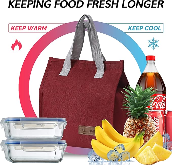 TELLUMO Lunch bag, Insulated Lunch Bag for Women Men Large Lunch Box Container Reusable Leakproof Tote for Office, Work, School, Beach or Travel (Red)