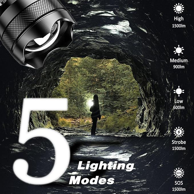 ISUNMEA Rechargeable Strong Flashlight, Zoomable LED Powerful Flashlights 1500LM High Lumens w/ 5 Modes Waterproof Handheld Flash Light for Emergencies Outdoor Camping Hiking Home Power Outage (1)